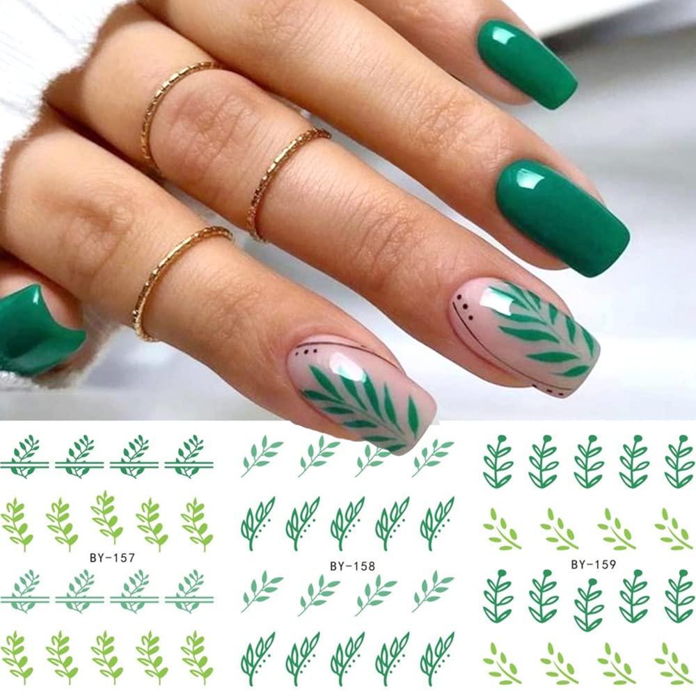 Green Leaf Nail Stickers for Women Nail Art Accessories Decals 12 Sheets Fresh Styles Nail Art