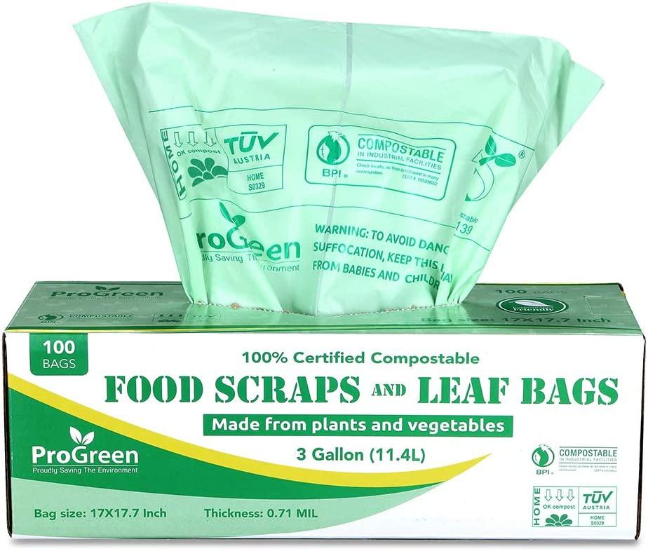 ProGreen 100 Compostable Trash Bags 3 Gallon, Extra Thick 0.71 Mil