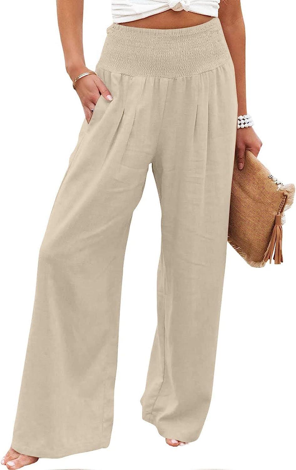 JEGULV Linen Pants for Women Casual Summer High Waist Wide Leg Palazzo Lounge  Pants Solid Baggy Pant Trousers with Pocket D01#coffee X-Large