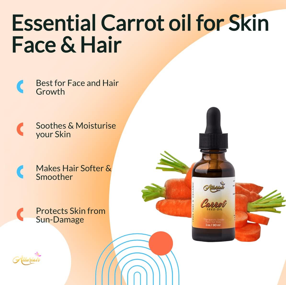 Carrot Seed Oil 100% Pure & Organic, Unrefined, Cold Pressed, All Natural,  aceite de zanahoria - Daucus Carota- Essential Carrot Moisturizer for Skin,  Face and Hair Growth - by Allurials (1 Oz)