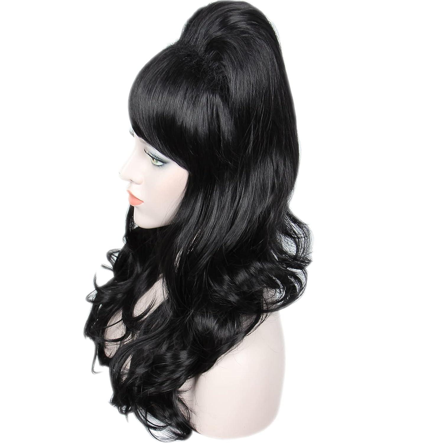 Linfairy Long Wavy Black Wig Big Bouffant Beehive Wigs for Women