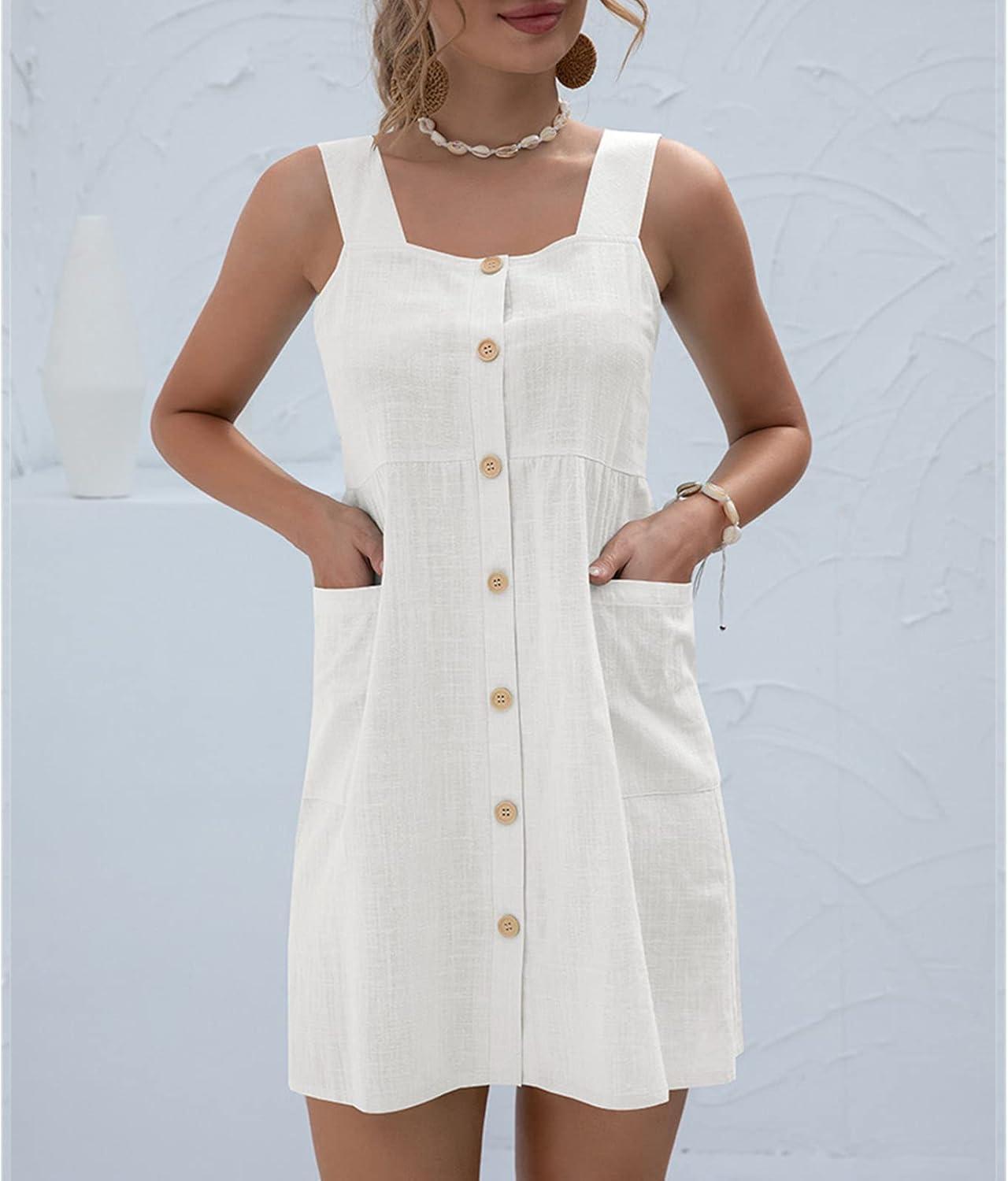 Women's vintage dresses MiniKleid A-Line Camisole Rundhals Leisure dress Knielang Swing button placket summer dress Beach dress with bags monochrome l