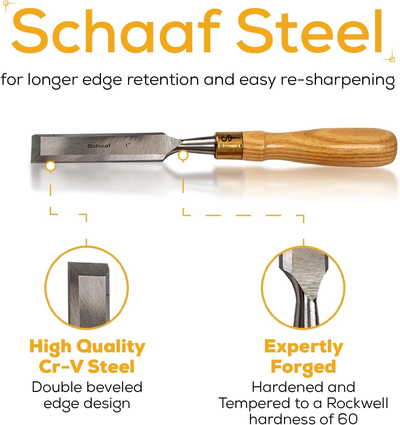 Schaaf Tools 4-Piece Wood Chisel Set, Finely Crafted Woodworking Hand Tools, Durable Cr-V Steel Bevel Edged Blade Tempered to 60HRc