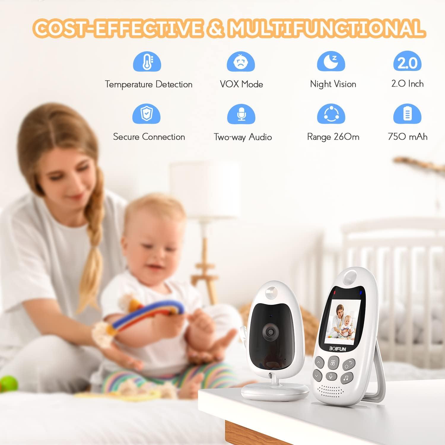 BOIFUN Video Baby Monitor with Camera No WiFi ECO VOX Mode Night Vision  Battery Two-way Audio 8 Lullabies Feeding Reminder Smart Temperature 2-inch  Screen Baby/Elder/Pet Wireless Portable VB610