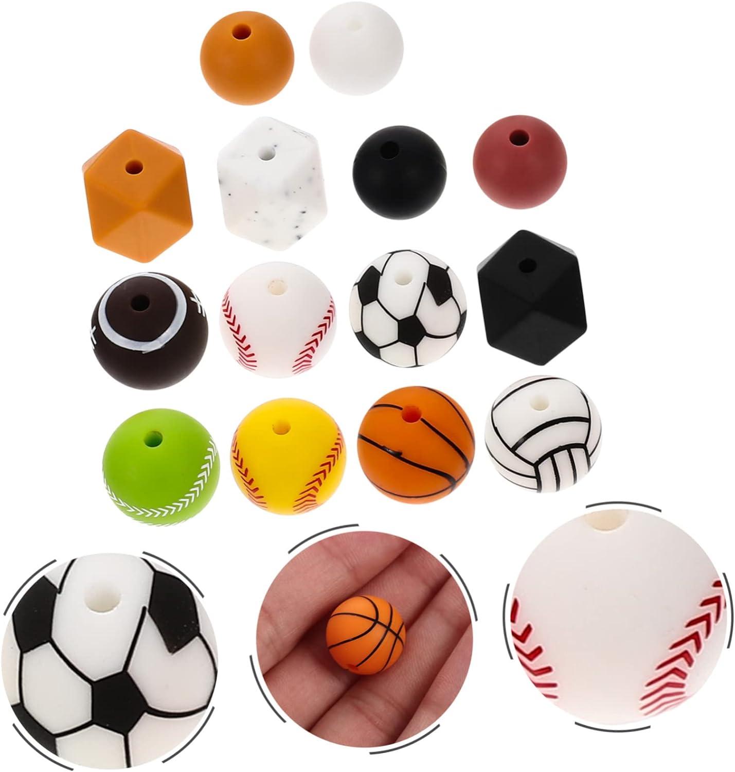 Sports Silicone Beads 15mm Baseball Softball Football Round Silicone Beads Soccer Basketball Volleyball Silicone Accessory Kit for Keychain Making