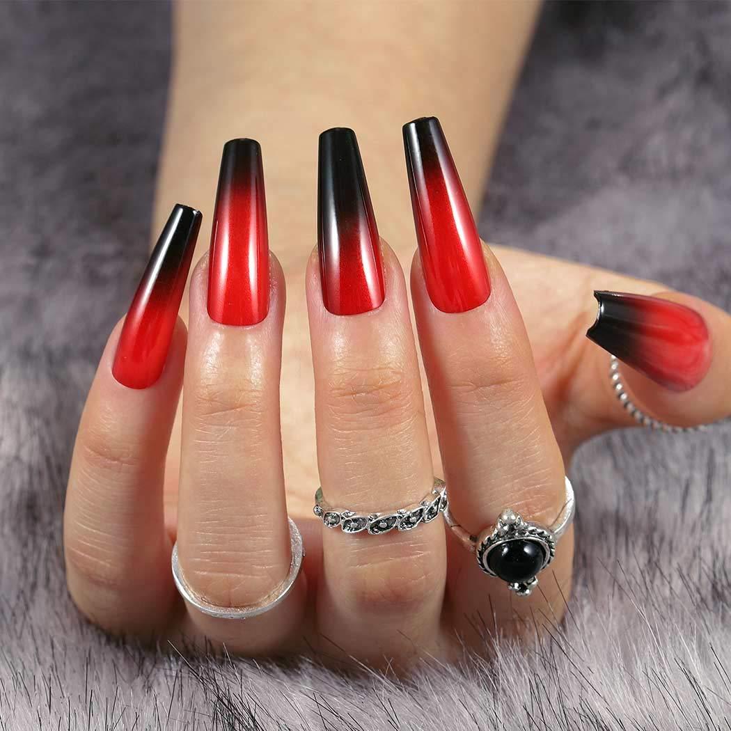 Uranian Coffin Press on Nails Long Black Fake Nails with Designs