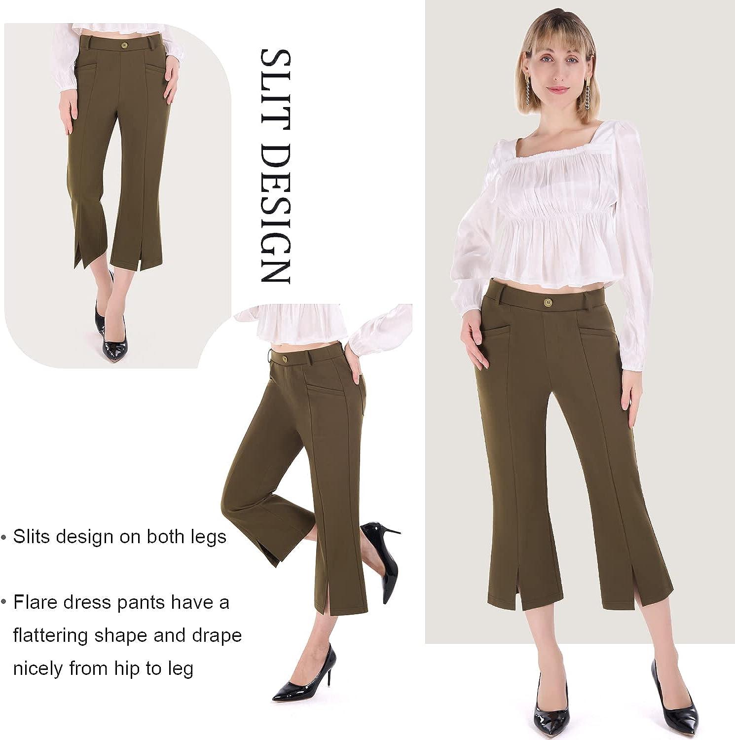PUWEER Capri Pants for Women Dressy Business Casual Stretchy Flare Women's Dress  Pants with Pockets Summer Crop Work Capri Brown Small