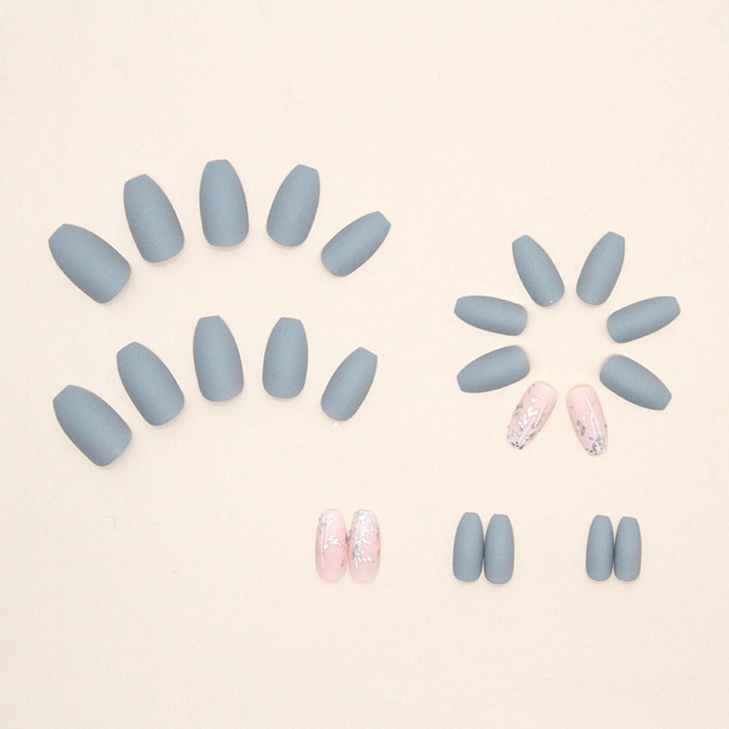 24Pcs Medium Coffin French Press On Nails - Ballerina Gray Blue False Nails for Women - Acrylic Full Cover Fake Nails with Adhesive Tabs - Nail Art Frosted Gray Blue | Buy 24Pcs Medium Coffin French Press On Nails - Ballerina Gray Blue False Nails for Women - Acrylic Full Cover Fake Nails with Adhesive Tabs - Nail Art Frosted Gray Blue | Buy