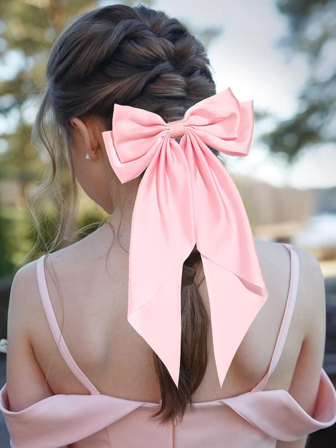 Women Big Bow Barrettes Girl's Satin Hairclips Long Ribbon Hair