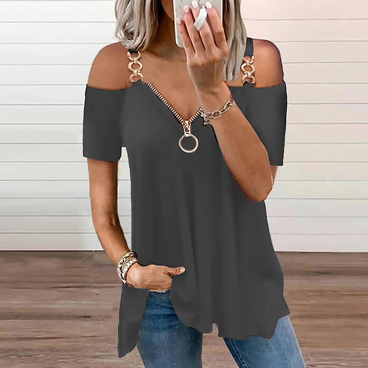 Women Summer Plus Size Tops 2023 Casual Sexy Cold Shoulder Lace Short  Sleeve Shirts Zip Up V Neck T Shirt Blouse Holiday Tops for Women - Dark  Gray Large