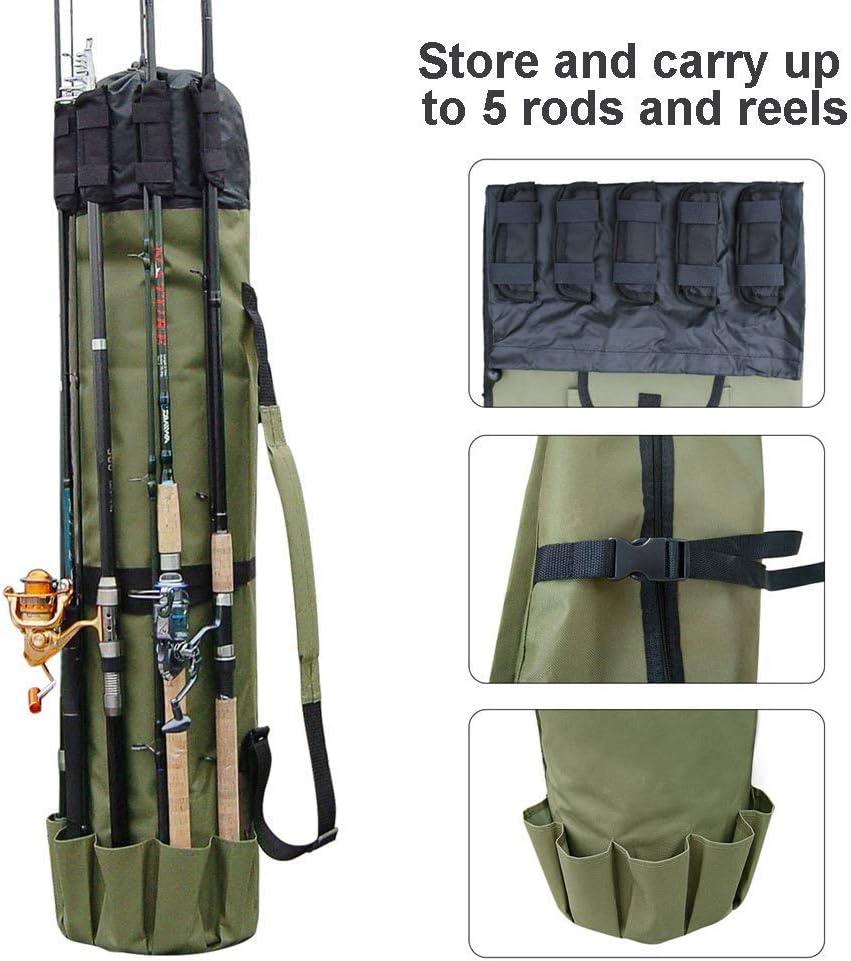 Allnice Durable Canvas Fishing Rod & Reel Organizer Bag Travel Carry Case  Bag- Holds 5 Poles & Tackle Khaki Green