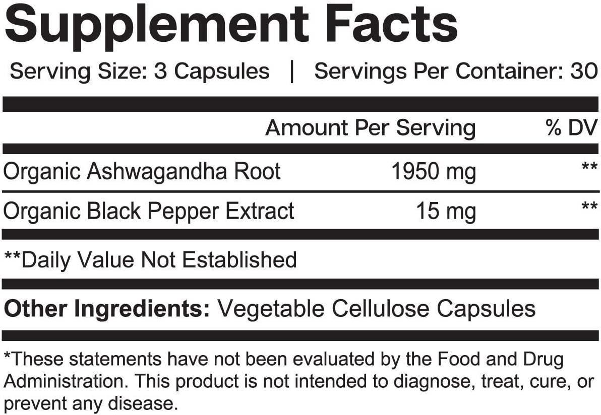 Organic Ashwagandha Root 1950mg with Organic Black Pepper Extract for