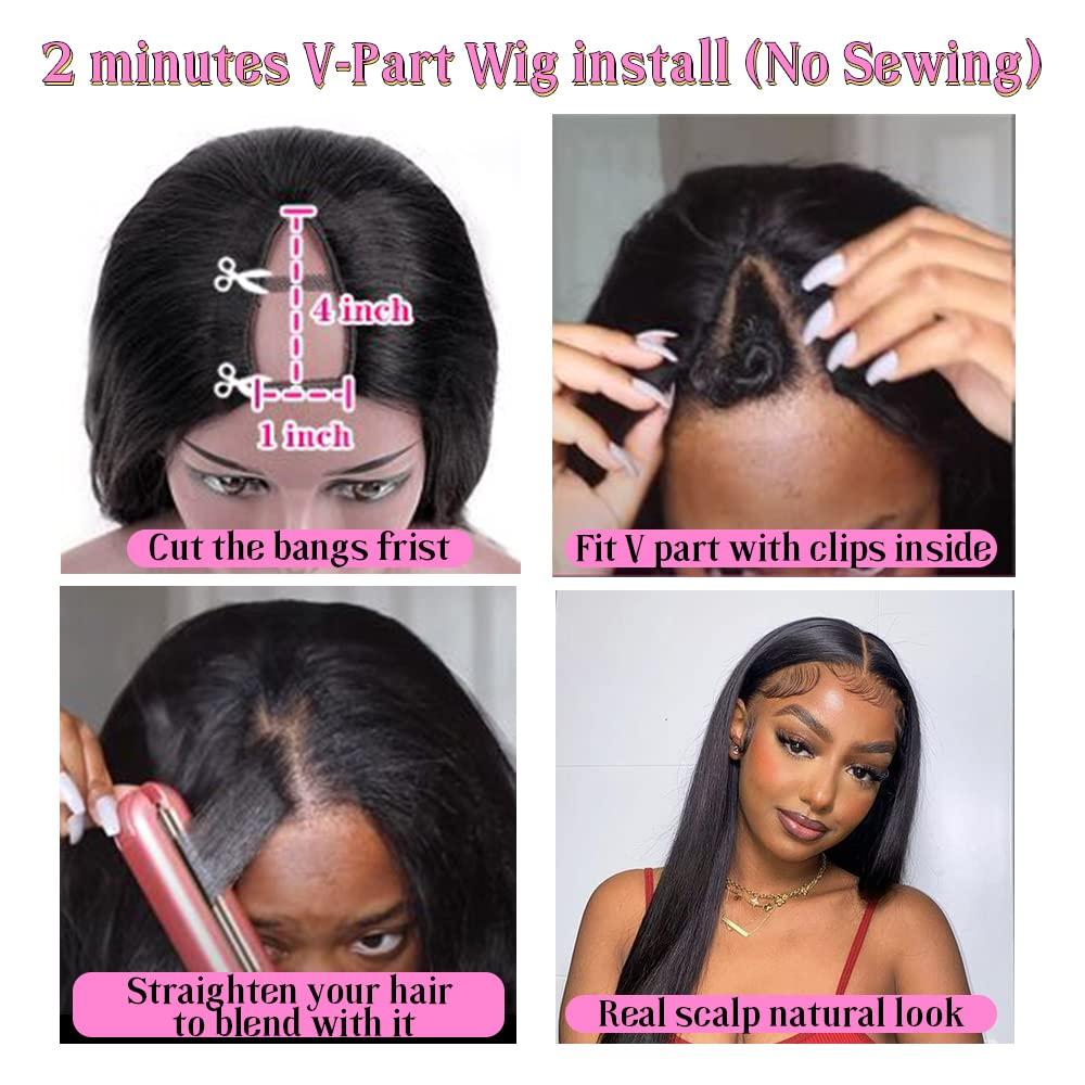 Dixtefo V Part Wigs Human Hair Brazilian Virgin Straight Human Hair Wigs  for Black Women Upgrade U Part Wigs V Shape Wigs No Leave Out Lace Front  Wigs Glueless Full Head Clip