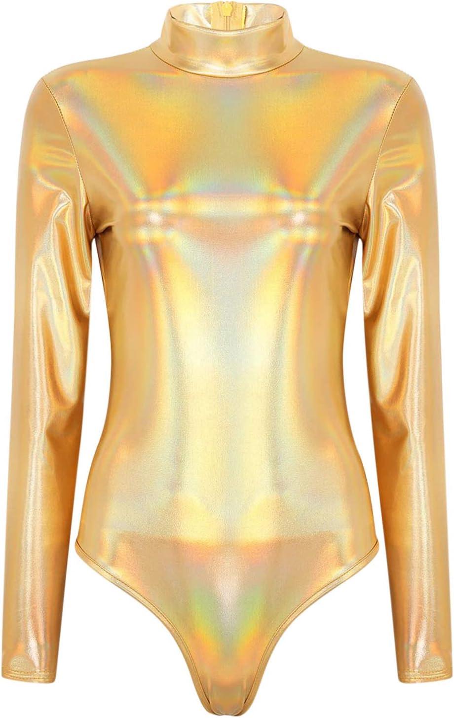 LnvMe Damen Wetlook Langarm Leotard Bodysut Shnny