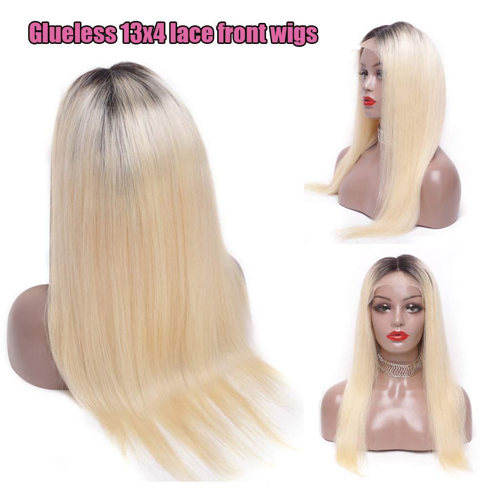 Ombre Lace Front Wig Blonde Human Hair Dark Roots Silky Straight 16inches  150% Density Brazilian Virgin Hair 13x4 Upgrade Deep Part #1b/613 Blonde  Glueless Ombre Human Hair Wigs for Women 16 Inch (