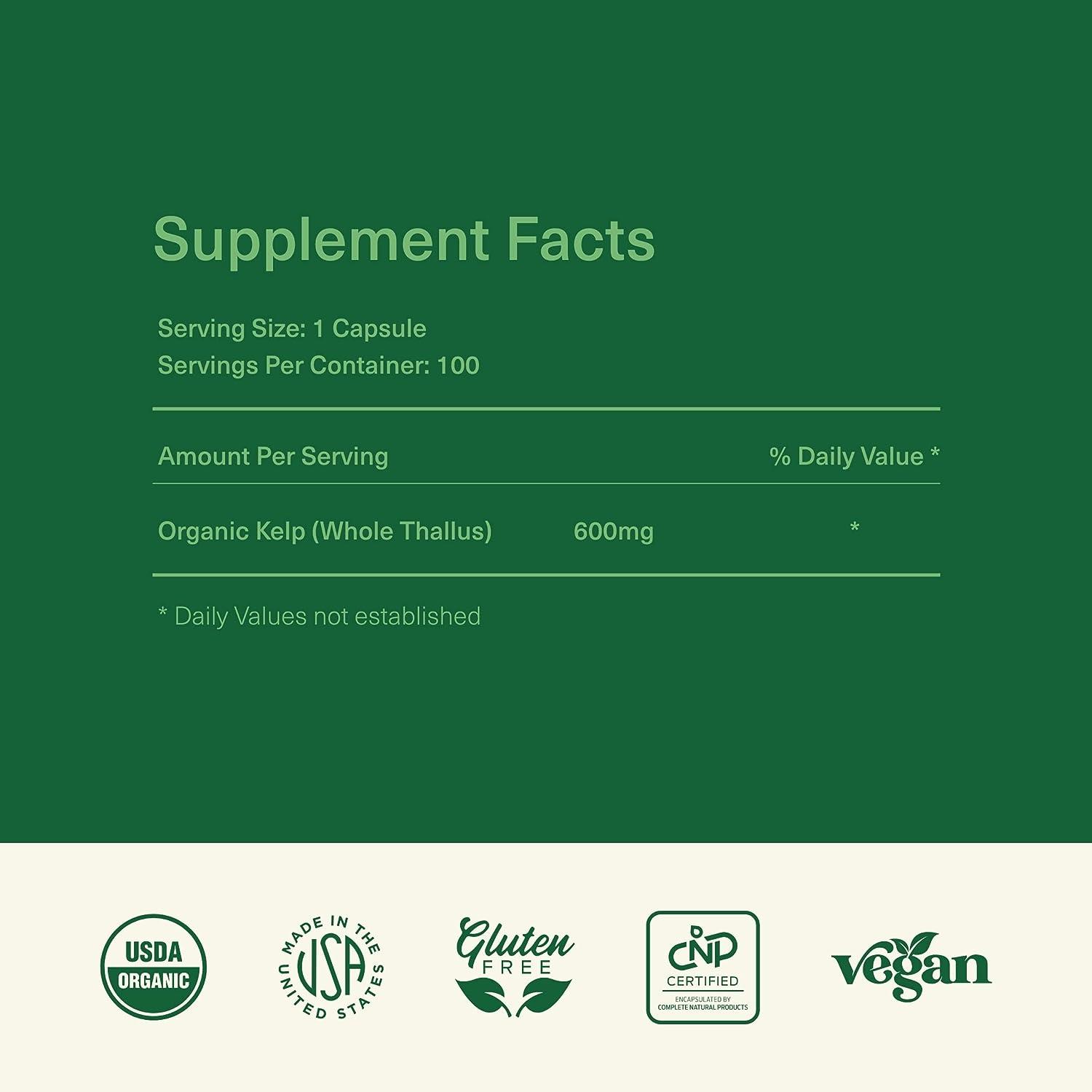 Raw Sea Kelp Powder Supplement 600mg Capsules 100 Pills Powdered Raw Seaweed & Thyroid Support