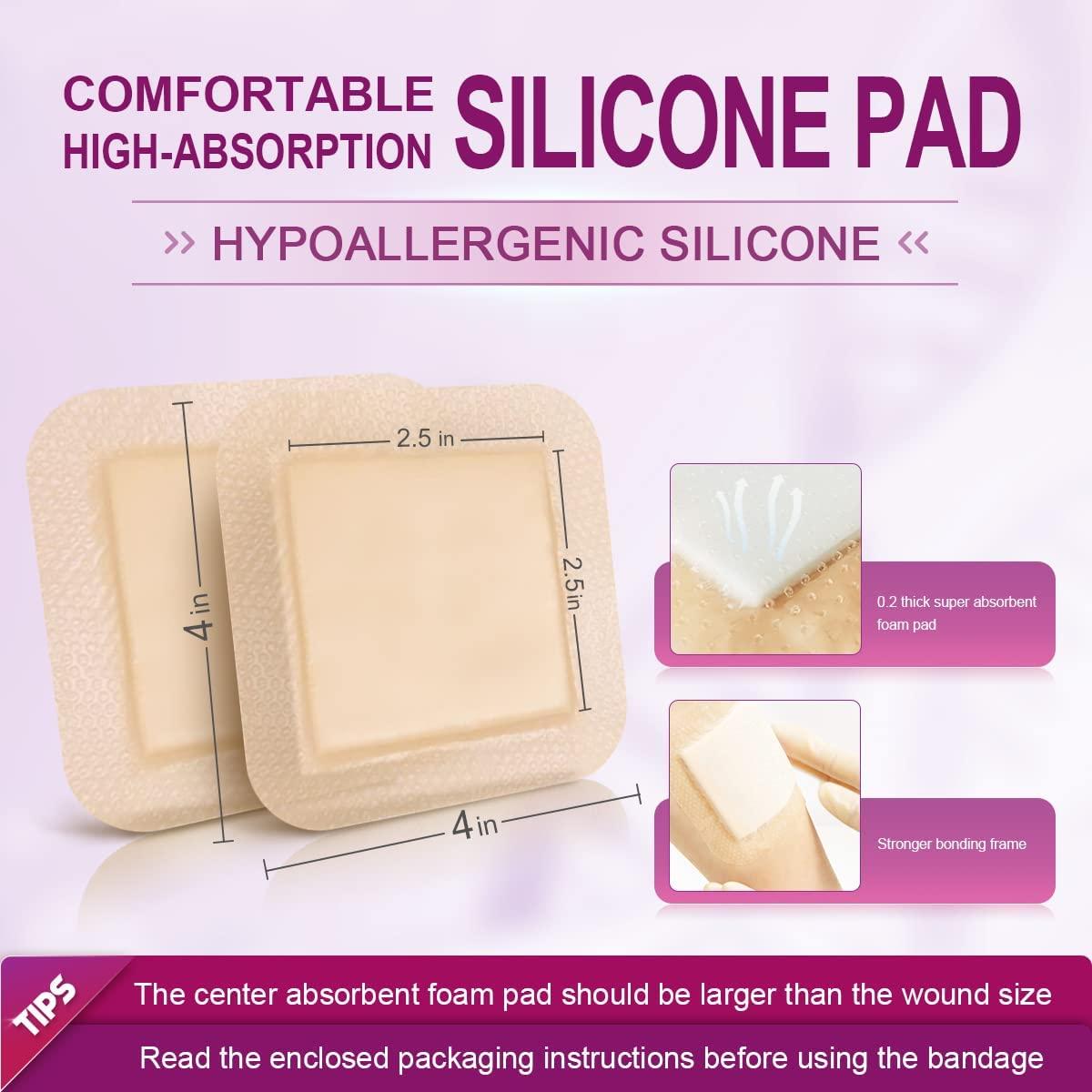 Silicone Foam Dressing 4'' x 4'' 10 Pack High Absorbency Wound