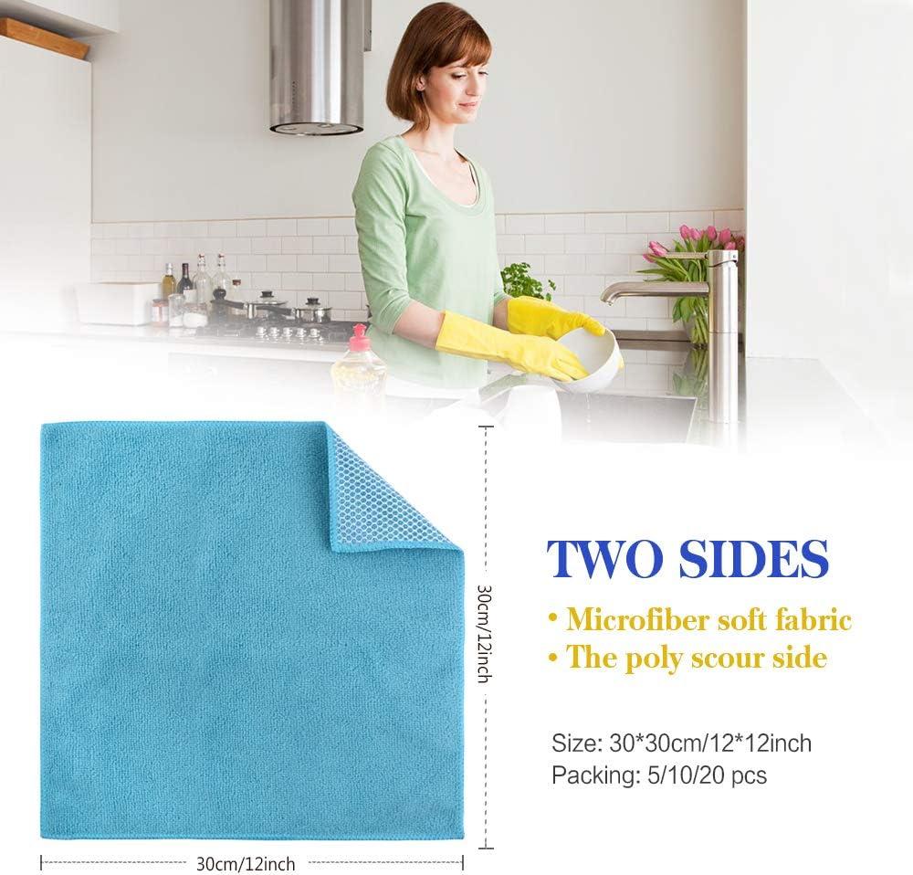 SINLAND 5 Color Assorted Microfiber Dish Cloth Best Kitchen Cloths Cleaning Cloths with Poly Scour Side 12x12 5 Pack