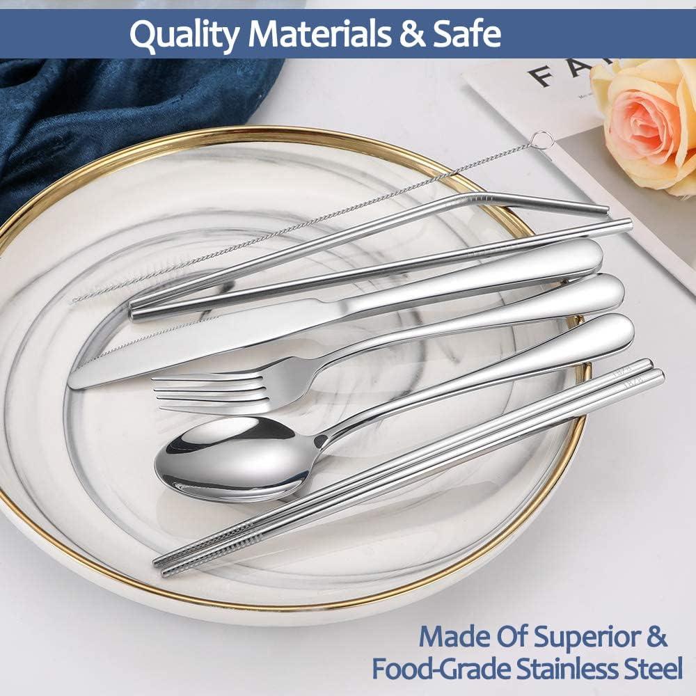 Joyfair Portable Cutlery Set, 8 Piece Black Stainless Steel Travel Flatware Set With Grey Case, Reusable Eating Utensils With Knife/Fork/Spoon/ Chopsticks/Straws/Cleaning Brush, Dishwasher Safe - View #2
