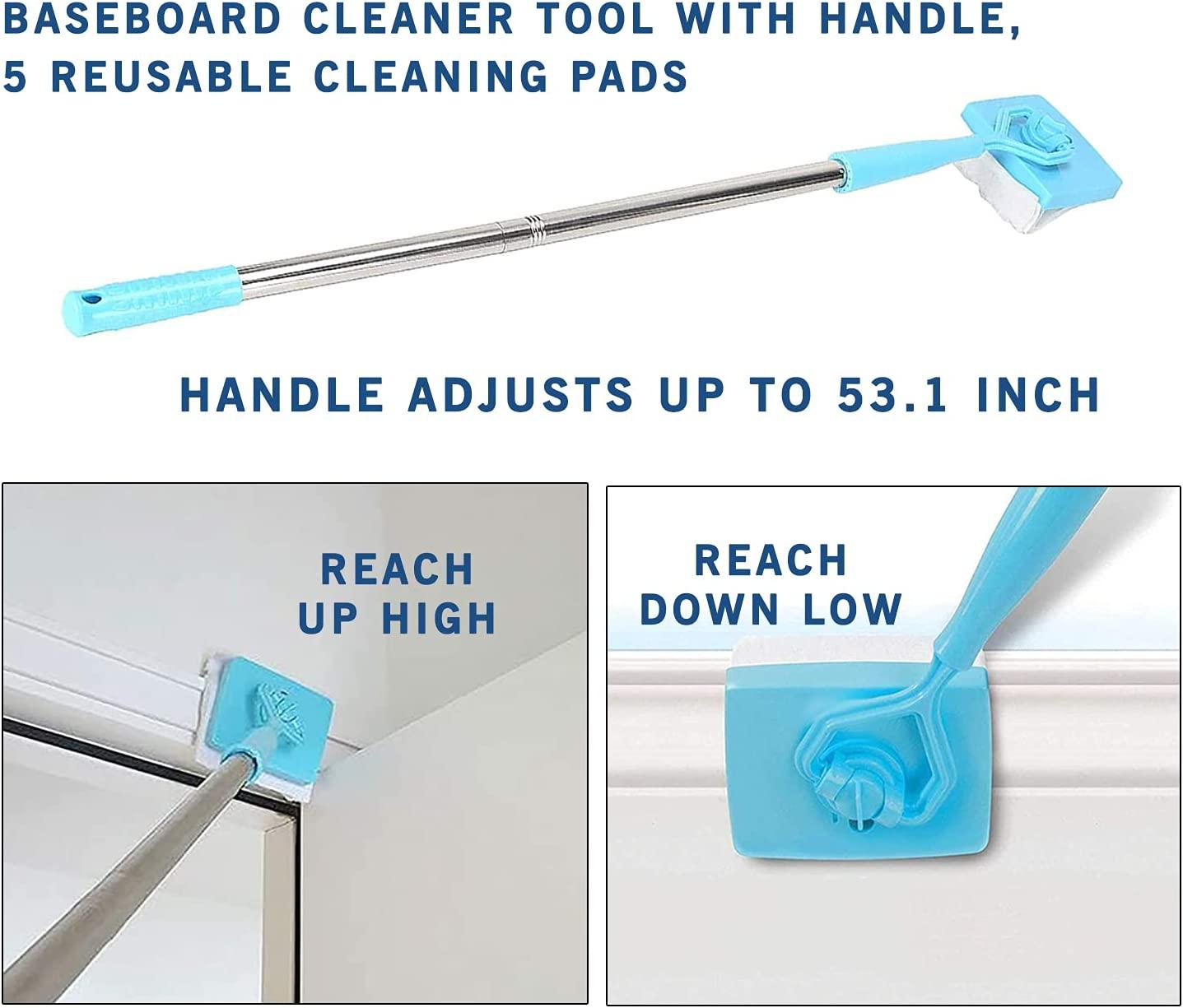 Baseboard Cleaner Tool with Handle 5 Reusable Cleaning Pads Adjustable Long Handle