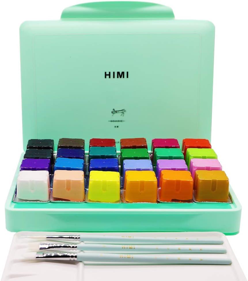 HIMI Gouache Paint Set 24 Colors x 30ml/1oz with 3 Brushes & a Palette  Unique Jelly Cup Design Non-Toxic Guache Paint for Canvas Watercolor Paper  - Perfect for Beginners Students Artists(Green) Green