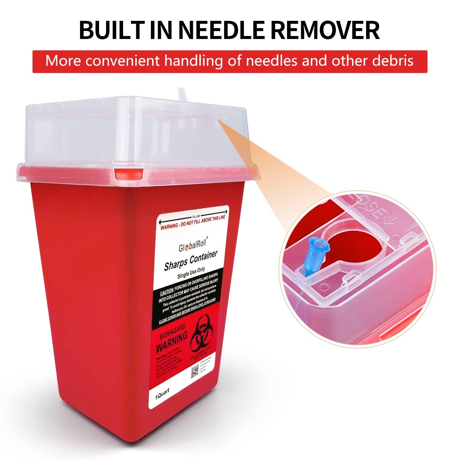 GlobalRoll 1 Quart Sharps Container 6 Pack Biohazard Needle & Syringe Disposal for Home and Travel
