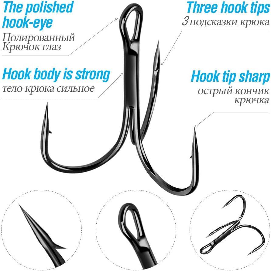DONQL Fishing Hooks Treble Hook High Carbon Steel Treble Hooks Super Sharp  Solid Triple Barbed Fish Hook Size 3/0, Pack of 10 Black Chrome