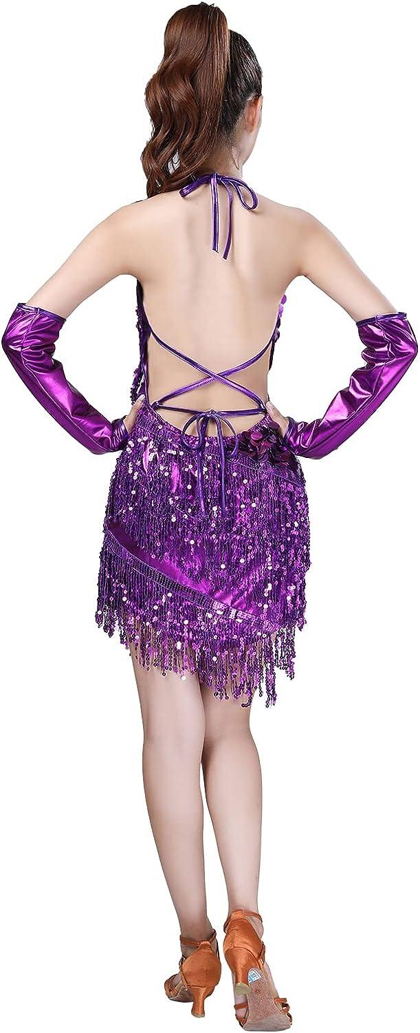 FEOYA Women's Latin Dance Dress With Sequin Tassels Flapper Adjustable Straps Built-in Bra Pads Hollow Out Waist Black S