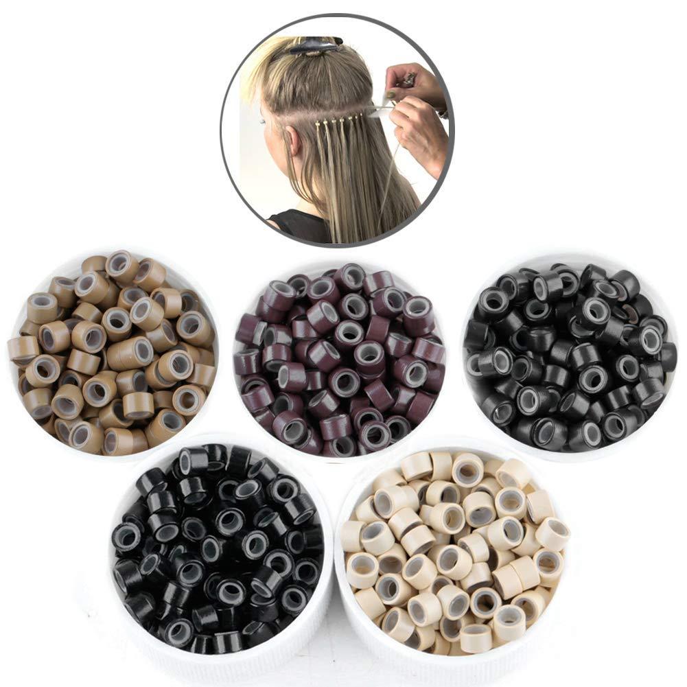500 Pieces Micro Links Rings Hair Extensions, Human Hair Extensions Beads 5mm * 3mm Silicone Lined Beads 5 Colors Micro Links for Women Men Hair