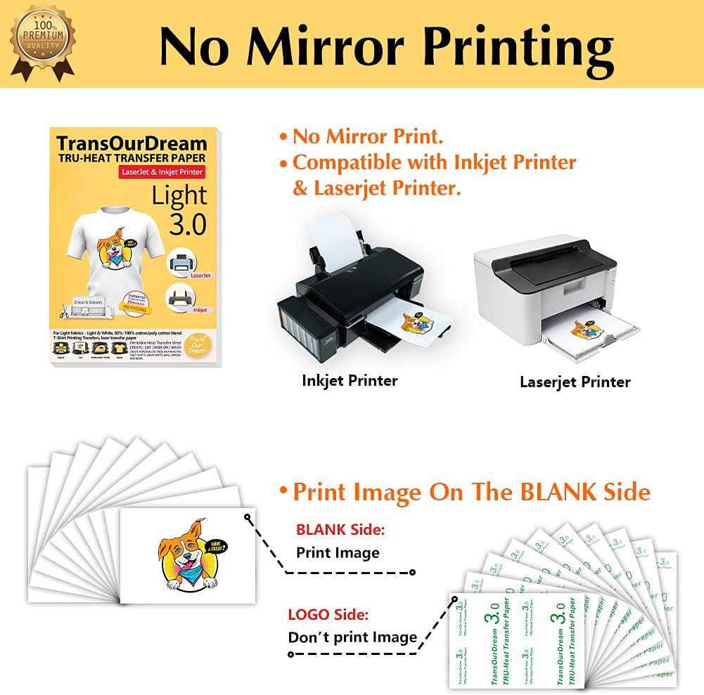 TransOurDream Iron on Heat Transfer Paper for Light T Shirts (20 Sheets  8.5x11 3.0) Printable HTV Heat Transfer Vinyl for Inkjet & Laserjet Printer Iron  On transfers for T Shirts (TRANS-L3-1-20)