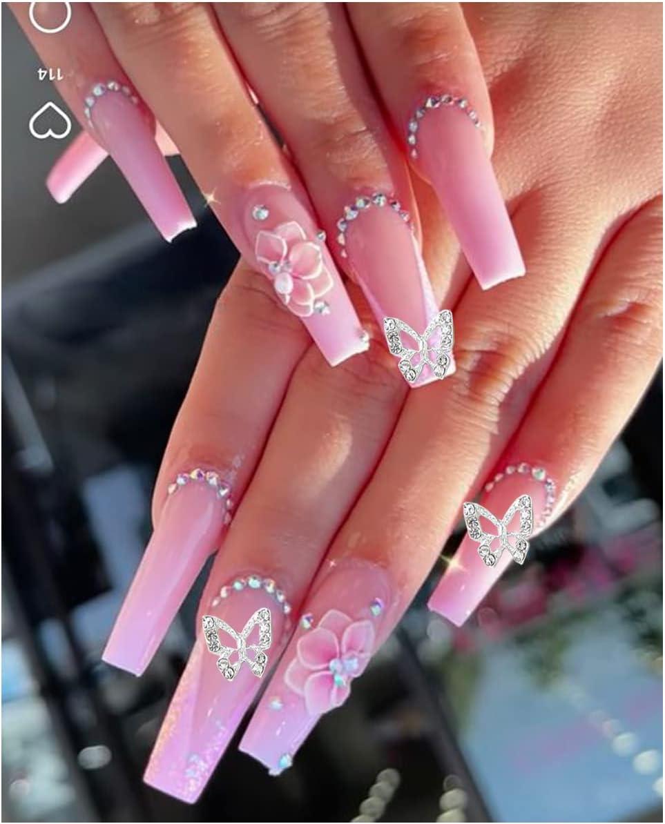 20PCS Silver Shiny 3D Butterfly Nail Charms Rhinestone Metal