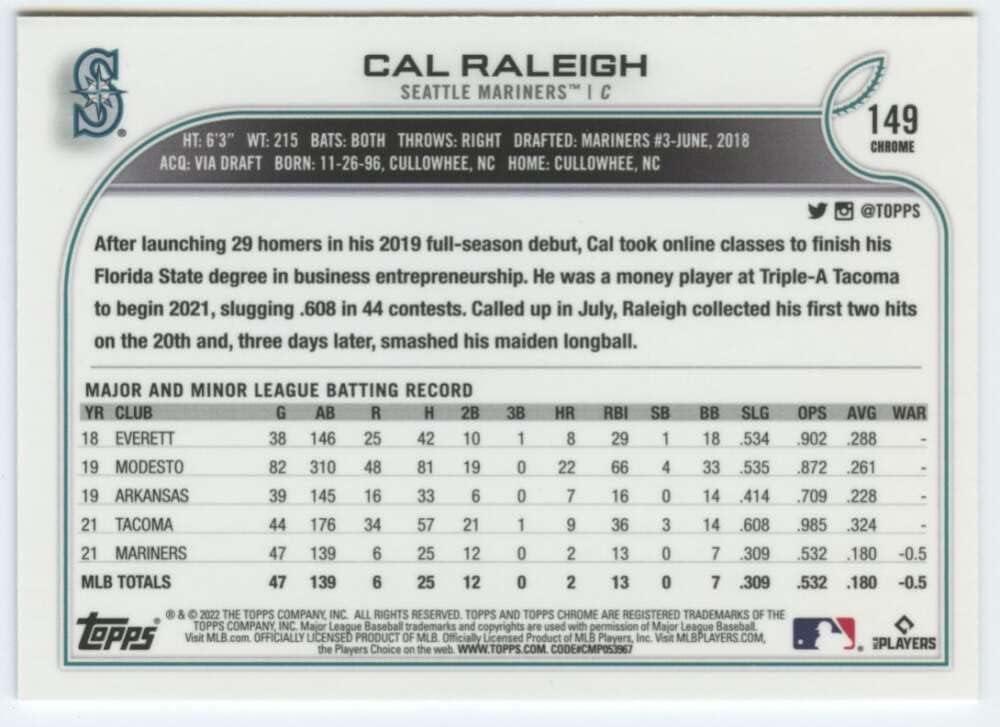 2022 Topps Chrome Cal Raleigh RC Rookie Card - Seattle Mariners | Buy ...