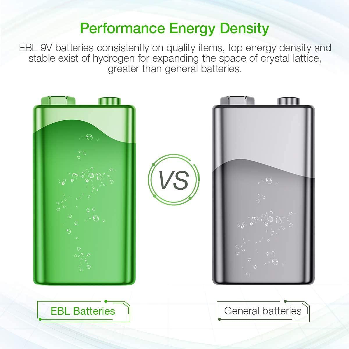 EBL 4-Pack 600mAh 9V Li-Ion Rechargeable Batteries 9 Volt Lithium-Ion  Battery 
