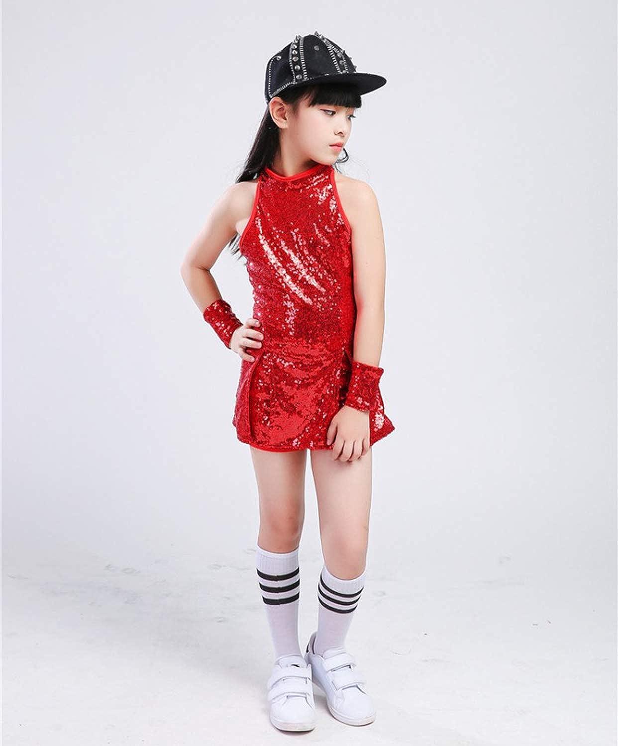 LOLANTA Girls Sequins Dance Clothes Dress 4-12 Yrs Sparkle Hip Hop Jazz  Dance Outfit, Sleeveless Top and Shorts Red 8-9 Years