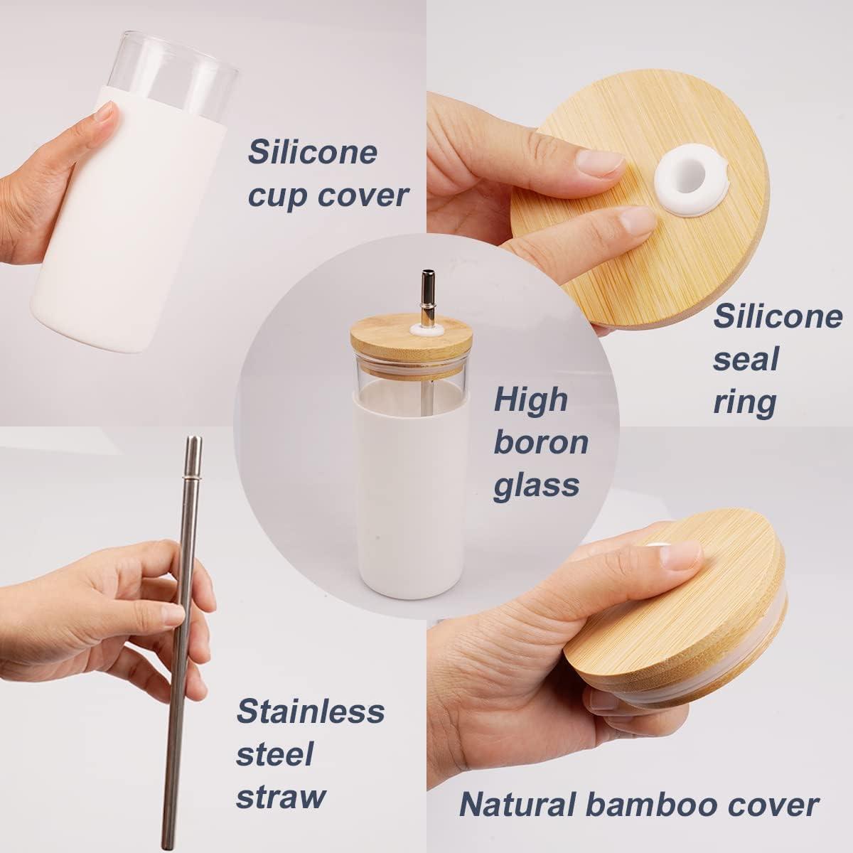 tronco 20 oz Glass Tumbler Glass Water Bottle Straw Silicone  Protective Sleeve Bamboo Lid - BPA Free -Black: Iced Tea Glasses