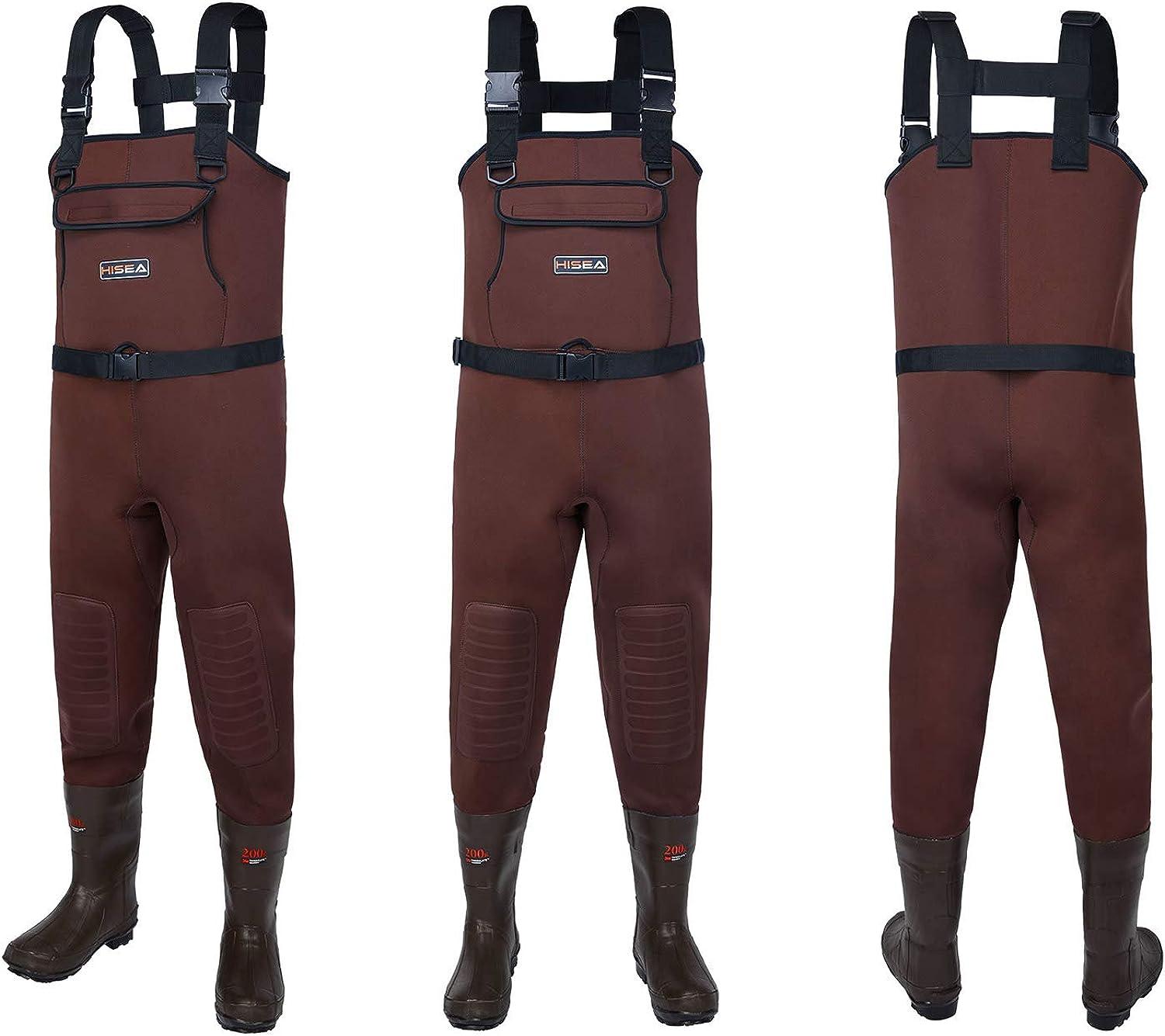 HISEA Neoprene Fishing Chest Waders for Men with Boots Cleated Bootfoot  Waterproof Mens Womens Wader Fishing & Hunting Wader Brown M10/W12