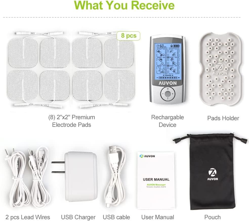 AUVON Rechargeable TENS Unit Muscle Stimulator, 24 Modes 4th Gen TENS Machine with 8pcs 2"x2