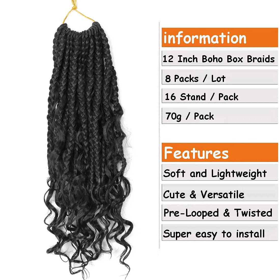 Hayalisha 8 Packs Crochet Box Braids Curly Ends 12 Inch Boho Box Braids  Crochet Hair Bohemian Bob Box Braid Crochet Braids for Black Women 1B# 12  Inch (Pack of 8) 1B#