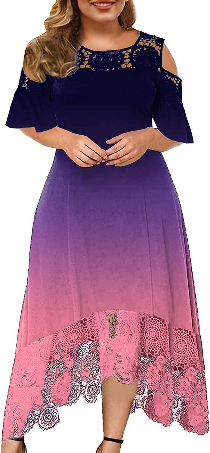Plus Size Dress for Women Summer Casual Gradient Printed Dresses Round Neck  Sexy Lace Short Sleeve Loose Prom Dress 3X-Large Purple