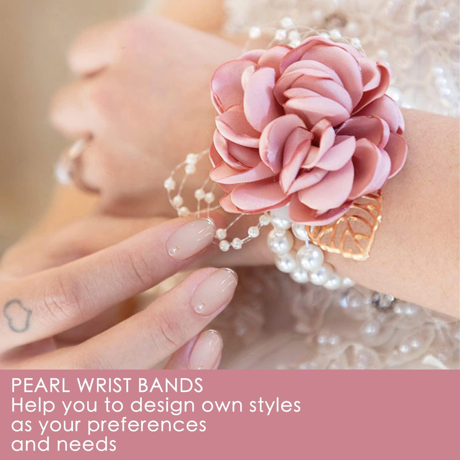 HIONXMGA Corsage Wristlet Band 4PCS Elastic Pearl Wrist Corsage Bracelets  Bands, Wristlets Stretch Pearl Wedding Wristband for Wedding Party Prom