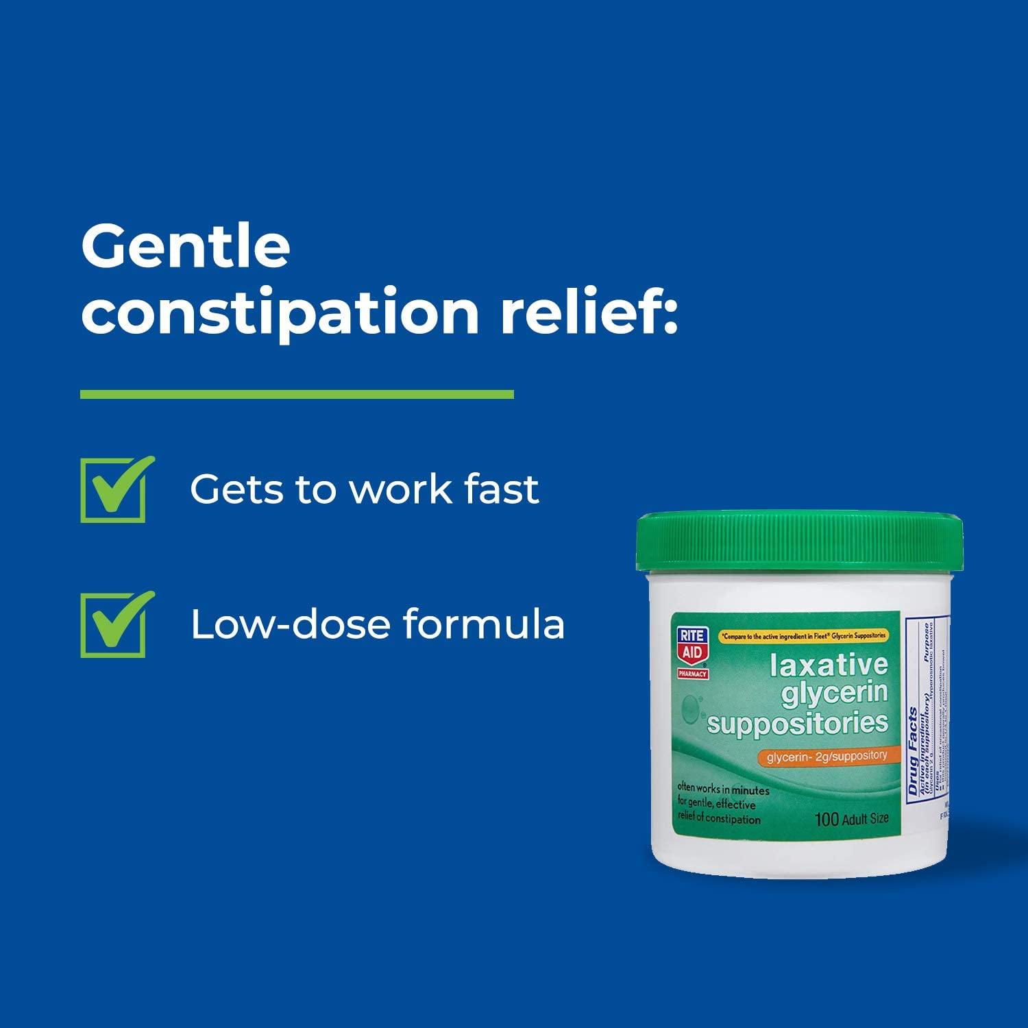Rite Aid Laxative Glycerin Suppositories, 2 g - 100 Count Adult Size, Constipation Relief, Works in Minutes for Gentle Effective Relief of  Constipation