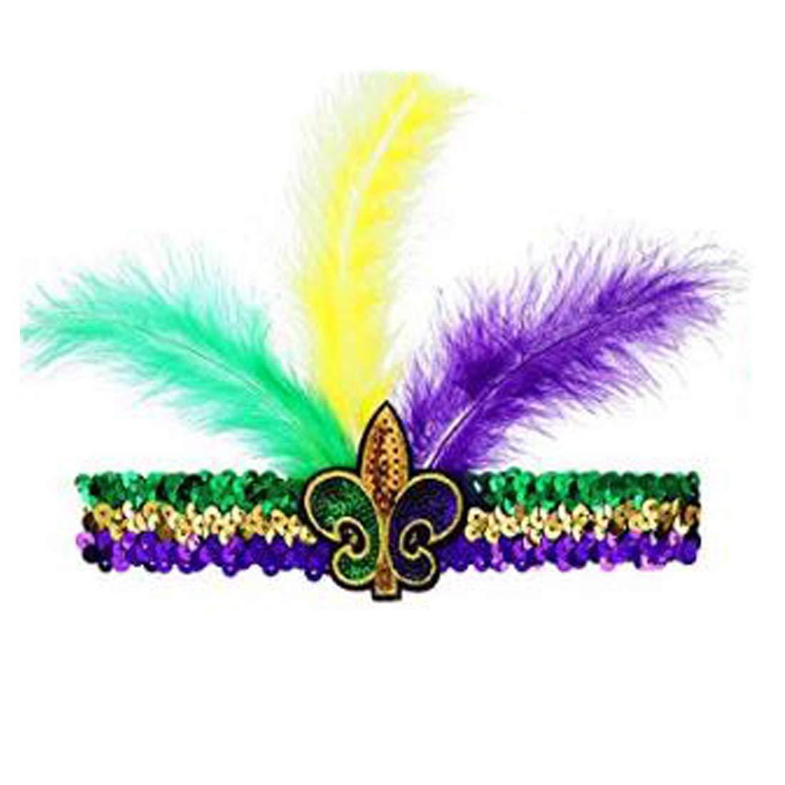 Mardi Gras Feather Headband Sequins Glitter Hair Band for Adult Women Men  TSFD14 (Purple)