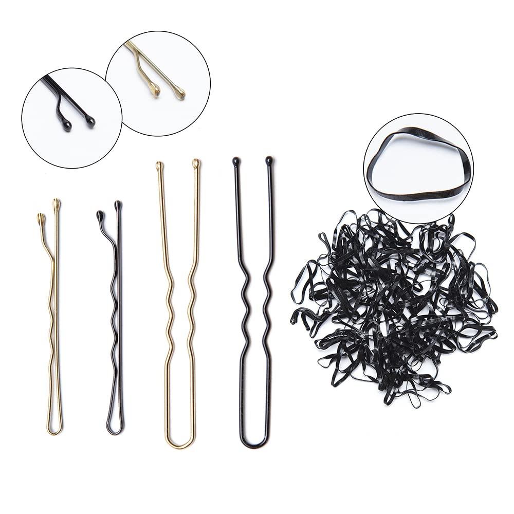 300 Pieces Hair Pins Kit, Including 100 Pcs Bobby Pins, 100 Pcs U Hair Pins,  100 Black Rubber Hair Bands, Hair Pins for Kids Girls and Women, Made of  Metal, Not Easy