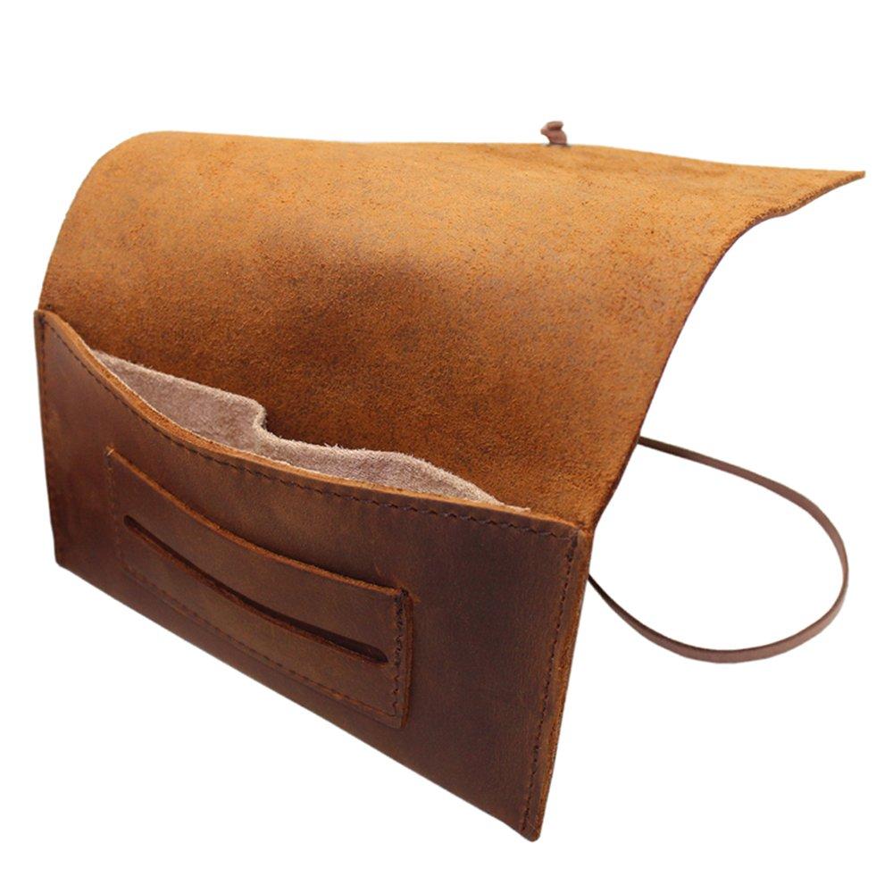buy tobacco pouch online Genuine Leather Roll Up Tobacco Pouch with Rolling Tip Paper Holder Slot -  Brown (S)
