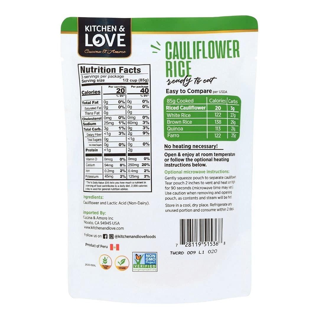 Kitchen & Love Cauliflower Rice 8 oz 6Pack Pre Cooked, Microwave Ready, Shelf Stable, Non GMO