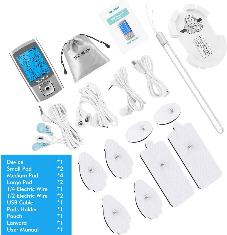 TECBEAN Estimulador muscular de 24 modos TENS máquina TENS recargable con 8  almohadillas de electrodo gel americano masajeador de pulso eléctrico –  Yaxa Store