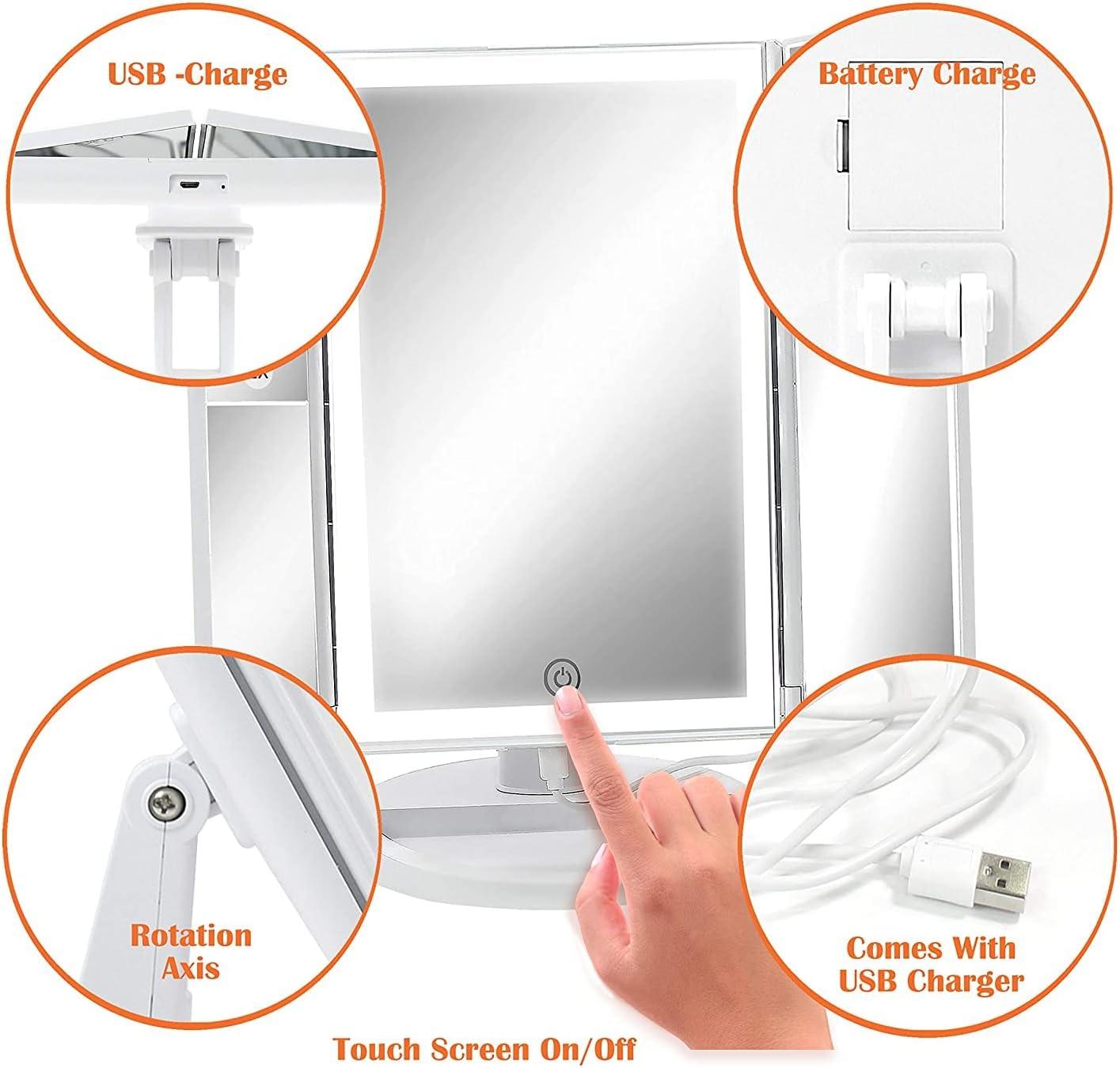 Tri-Fold Makeup Mirror with 3-Color LED Lighting, 3X Magnification ...