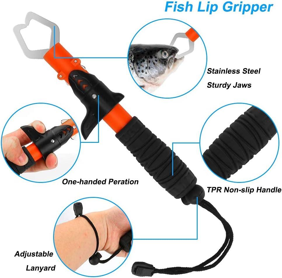 Swiss+Tech 3PC Fishing Tool Kit, Fish Lip Gripper with Scale, Multifunction Braided Line Scissors, Fish Hook Remover, Fishing Gear with Safety Coiled