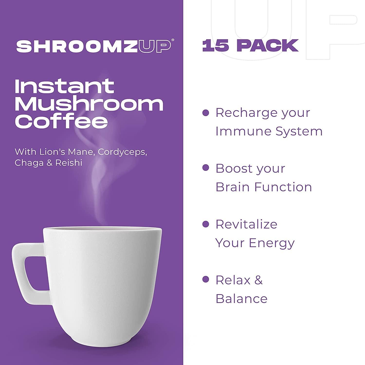 ShroomzUp Mushroom Coffee Instant 15 Pack with Lions Mane, Reishi