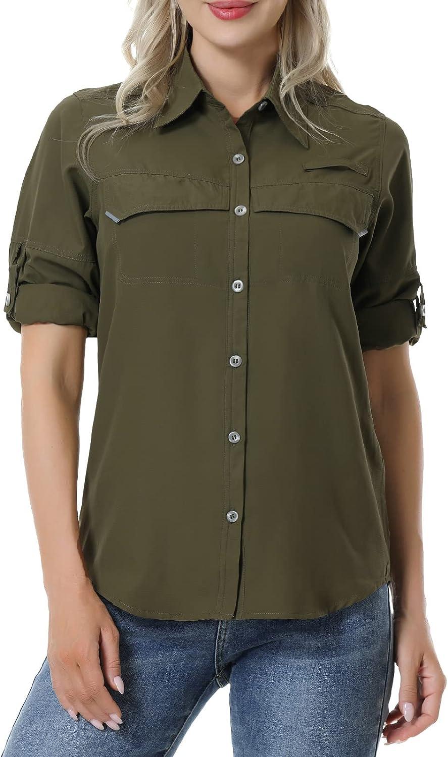 Women's UV Sun Protection Fishing Shirts Long Sleeve Hiking Safari Shirts  Army Green Small